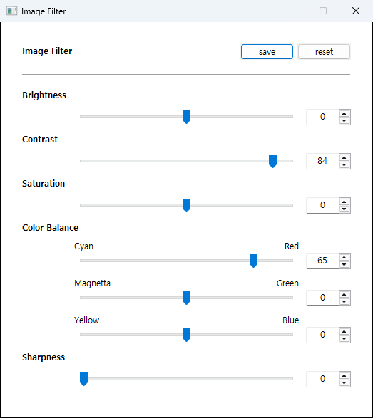 Settings window with sliders for brightness, contrast, saturation, color balance and sharpness