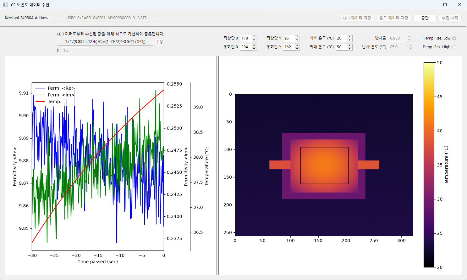Acquisition screen plotting the real and imaginary permittivity with specimen temperature on a shared time axis, next to a thermal image with the measurement region marked