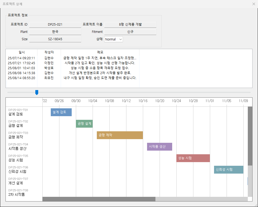 프로젝트 속성과 코멘트, 태스크 단위 간트 차트를 함께 보여 주는 상세 화면