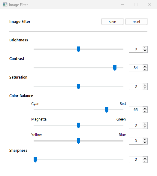 Correction panel with brightness, contrast, color balance and sharpness controls