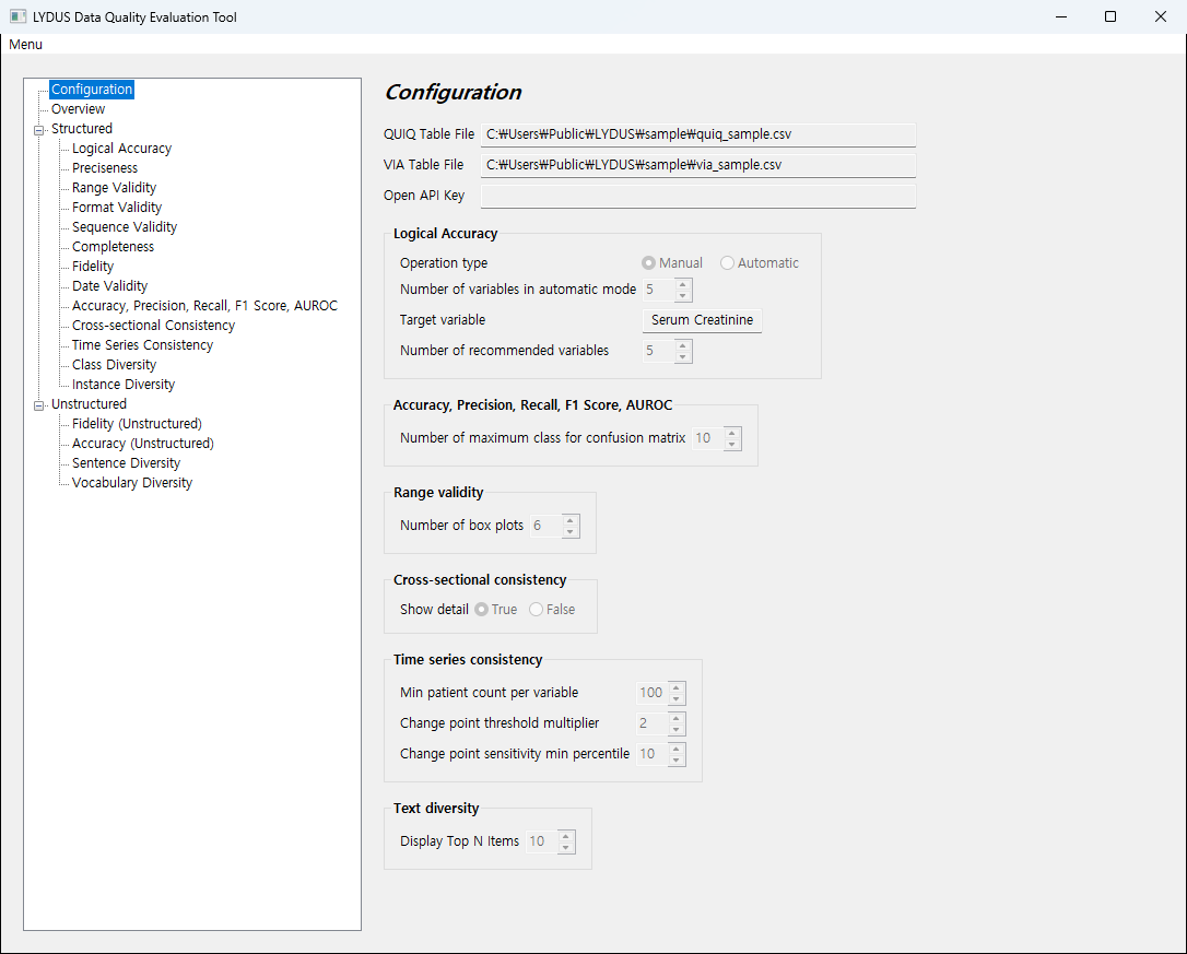 Configuration screen for selecting input files and setting per-indicator parameters