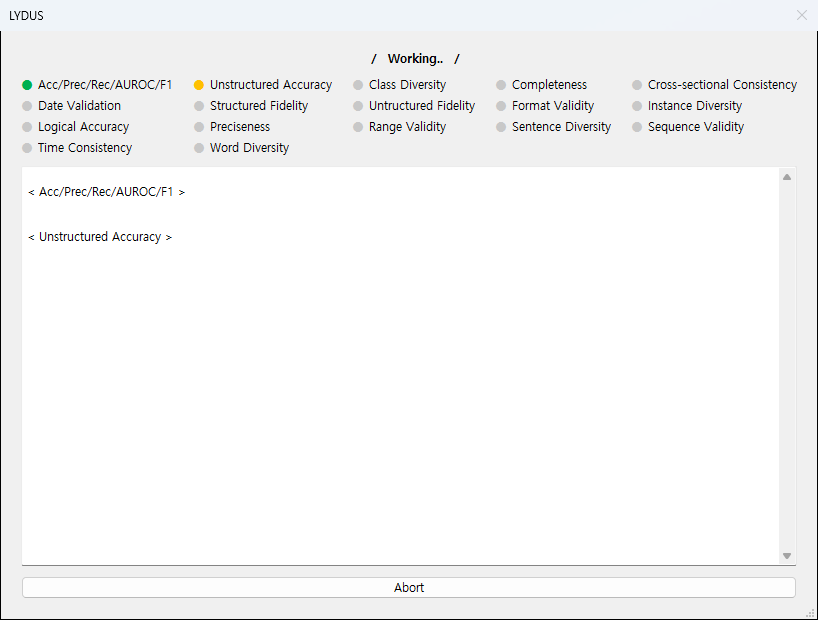 Progress window showing the state of each indicator by color with a live processing log