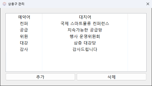 예약어와 대치어를 짝지어 등록해 둔 상용구 관리 창